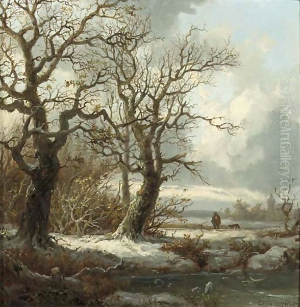 A winterlandscape with a traveller on a path - view 1