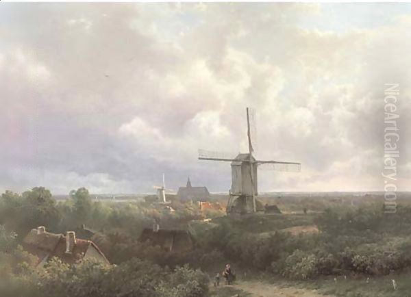 Windmills in a panoramic landscape in summer by Pieter Lodewijk Francisco Kluyver