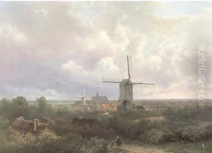 Windmills in a panoramic landscape in summer by Pieter Lodewijk Francisco Kluyver