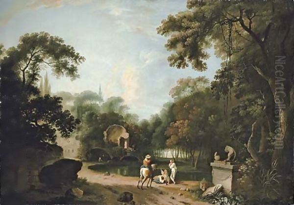 A classical wooded landscape with ruins, a traveller on a path and figures resting by a river - view 1