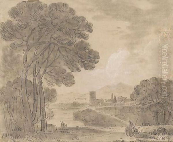 An Italian landscape with figures on a path and a town beyond - view 1