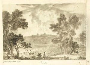 A view of the town from across the north end of Lake Albano, with a shepherd in the foreground