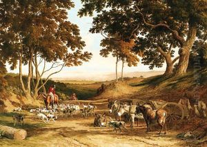 Huntsmen and Hounds on a Country Lane, with donkeys and labourers looking on