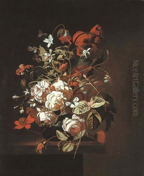 Jasmine, roses, poppies and other flowers and a butterfly in a glass vase on a ledge - view 1