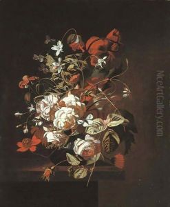 Jasmine, roses, poppies and other flowers and a butterfly in a glass vase on a ledge