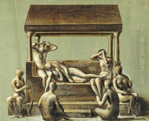 Study establishing the disposition of the central group of figures in 'Arthur in Avalon' by Sir Edward Coley Burne-Jones