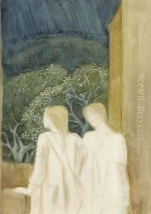 Two figures on a terrace a study for 'Arthur in Avalon' by Sir Edward Coley Burne-Jones