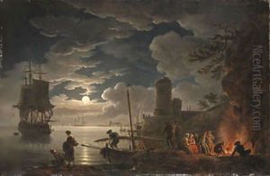 A moonlit harbor scene with a fisherman and figures seated around a fire, shipping beyond by Vernet Claude Joseph
