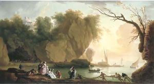 A coastal landscape with elegant figures and fishermen, a fortress and shipping beyond by Vernet Claude Joseph