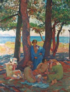 Les baigneuses sous les pins au bord de la mer by Theo van Rysselberghe