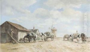 Horse-drawn wagons halting by a barn
