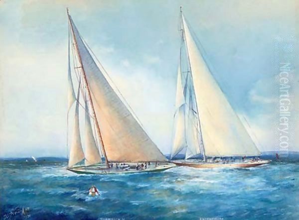 Shamrock (V) and Enterprise on an upwind leg - view 1