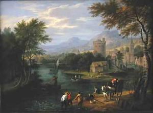 River valley landscape with travellers and fishermen by Boudewyns