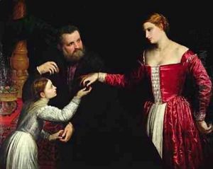 A lady and gentleman with their daughter by Paris Bordone