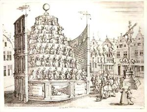 Illustration depicting a moveable theatre by Pieter van der Borcht
