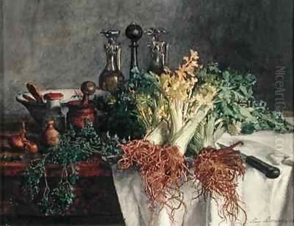 Still Life on Kitchen Table with Celery, Parsley, Bowl and Cruets - view 1
