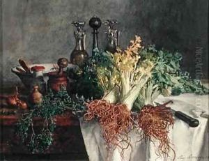 Still Life on Kitchen Table with Celery, Parsley, Bowl and Cruets Still Life on Kitchen Table with Celery, Parsley, Bowl and Cruets