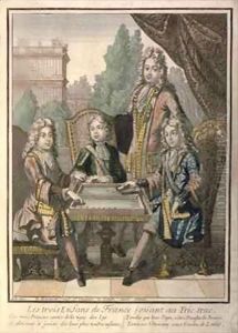 The Grandchildren of Louis XIV (1638-1715) of France Playing Backgammon, Louis the Duke of Burgundy (d.1712) Philip, Duke of Anjou (1683-1746) and Charles, Duke of Berry, with their father, Louis, Dauphin of France (d.1711) by Nicolas Bonnart