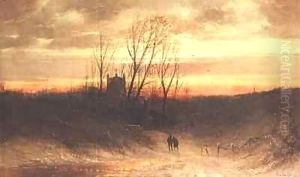 A wooded landscape at evening by Carl Bondel
