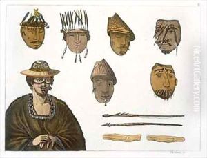 Detail of headdresses and weapons for fishing in Alaska by D.K. Bonatti