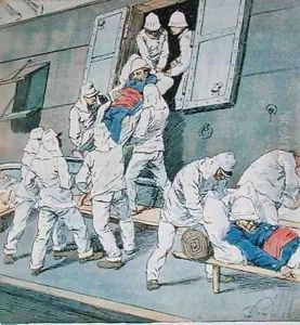 Soldiers who fell ill during the Madagascar campaign disembarking at Algiers from the ship Shamrock by Louis Bombled