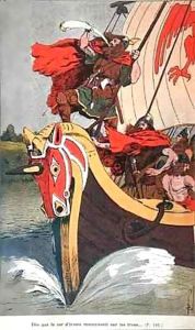 Viking blowing the horn on a longship as it approaches the norse coast by Louis Bombled