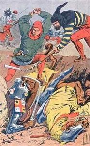 Flemish citizens, fighting on foot, defeat the well armoured and mounted French Knights at the Battle of the Golden Spurs near Courtrai in 1302