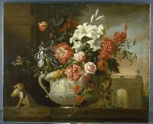 Still life with flowers in an urn, with a monkey, on a ledge