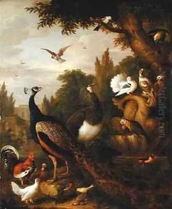 Peacock, peahen, parrots, canary, and other birds in a park