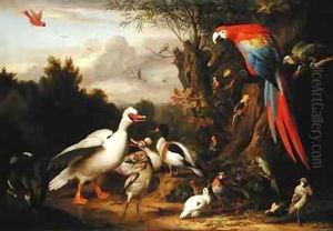 A Macaw, Ducks, Parrots and Other Birds in a Landscape by Giovanni Boggi