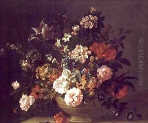 Roses, Tulips and other Flowers in an Urn on a Ledge