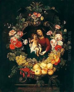 A Still Life Of A Garland Of Fruit And Flowers Around The Virgin And Child by Frans Ykens