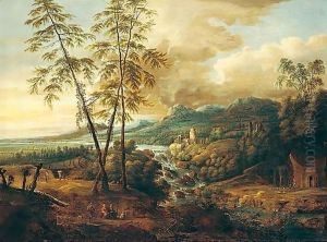 A River Landscape With A Waterfall, Figures Conversing In The Foreground