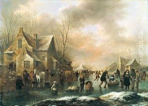 Winter Landscape With Numerous Figures Upon A Frozen Canal In A Village