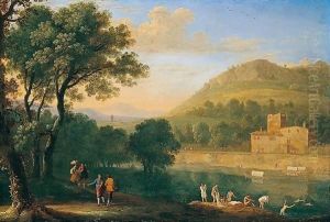 An Italianate River Landscape With Figures Bathing by Herman Van Swanevelt