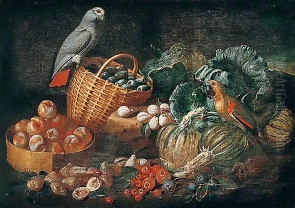 Still Life With Parrots, Pumpkins, Tomatoes, Figs, Peaches And Plums In Baskets - view 1