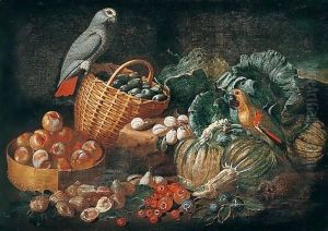 Still Life With Parrots, Pumpkins, Tomatoes, Figs, Peaches And Plums In Baskets by Jacob van der (Giacomo da Castello) Kerckhoven