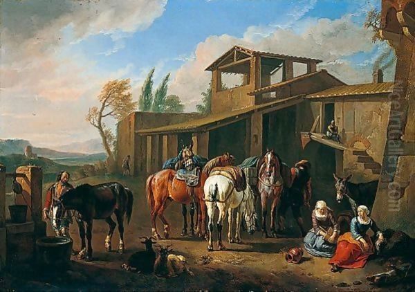 A Southern Landscape With Riders Watering Their Horses By A Farm - view 1