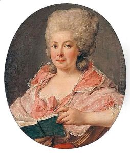 Portrait Of A Lady, Wearing A Lace-Trimmed Pink Dress And Holding A Book by Antoine Vestier