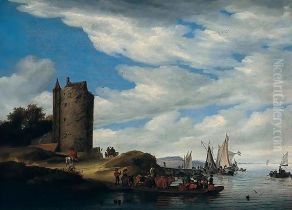 A River Landscape With A Ferryboat And Other Shipping, Travellers On A Path By A Tower - view 1