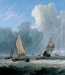 Dutch Coastal Vessels With A Rowing Boat On The Open Sea With A Squadron Of Men Of War Beyond by Willem van de, the Elder Velde