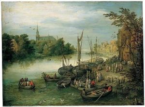 A View Of A River Quayside, A Church In The Distance