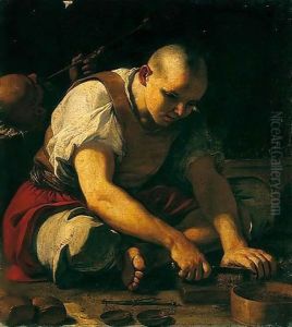 A Man Cutting Up Tobacco, Another Smoking Behind by Mattia Preti