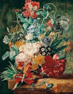 A Still Life Of Spring Flowers Including Roses, Tulips, Narcissi, Peonies, Carnations, Gentians, Fritillaries, Daffodils, Irises, Bluebells And Morning Glory, In A Carved Stone Urn Upon A Marble Ledge In A Garden Setting by Wybrand Hendriks