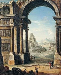 An Architectural Capriccio Of Classical Ruins With A Pyramid And Figures by Antonio Joli