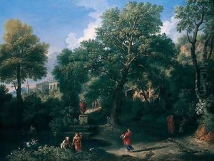 An Arcadian Landscape With Figures Bathing By A Pool, A Classical Temple Beyond