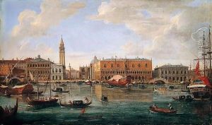 Venice, A View Of The Molo From The Bacino Di San Marco Looking North Towards The Piazzetta And The Palazzo Ducale by Caspar Andriaans Van Wittel