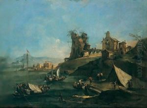 A Coastal Capriccio With Fishing Boats At Anchor In A Bay Before A Headland With A Ruined Tower, A Mountain Range Beyond