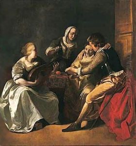 An Interior With A Couple Seated At A Table, Another Lady Playing The Lute And A Man Standing Behind by Jacob Ochtervelt