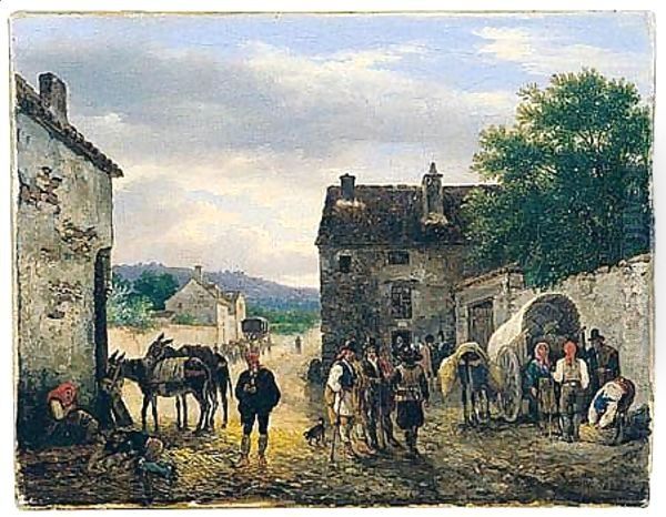 Village Scene With Figures And Donkeys Before A House - view 1